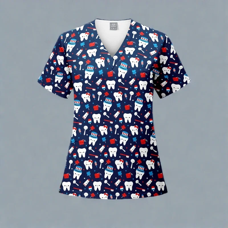 Christmas Print Surgery Scrub Top, Pet Grooming Uniform, Beauty Salon Workwear, Pet Clinic, Veterinary Teeth Pattern Uniform