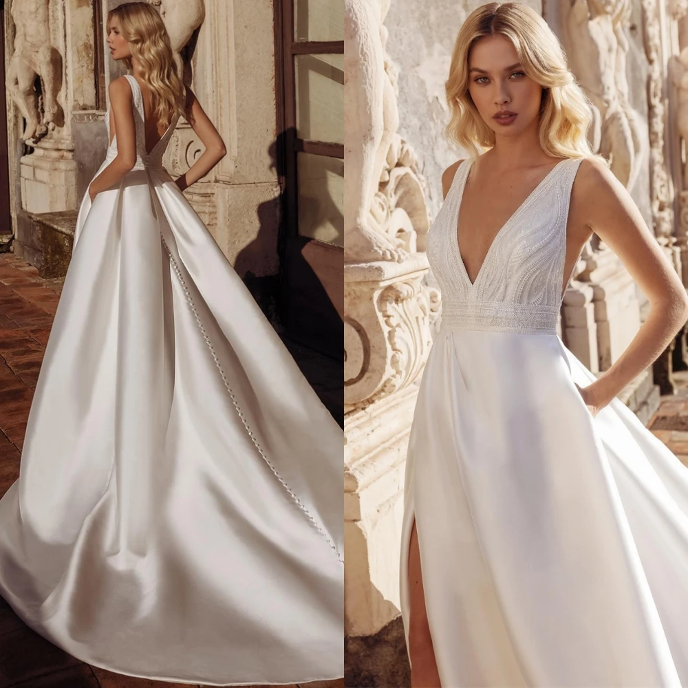 

Customized White Satin Bridal Gowns High Quality V-neck Cap Sleeve Sleeveless Wedding Dresses Chapel Train Open Back Dresses