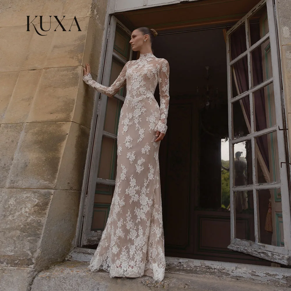 KUXA Customized Elegant High Neck Sheer Lace Bridal Gown Long Sleeve Floral Appliques Fitted Tea Length Wedding Dresses 2027