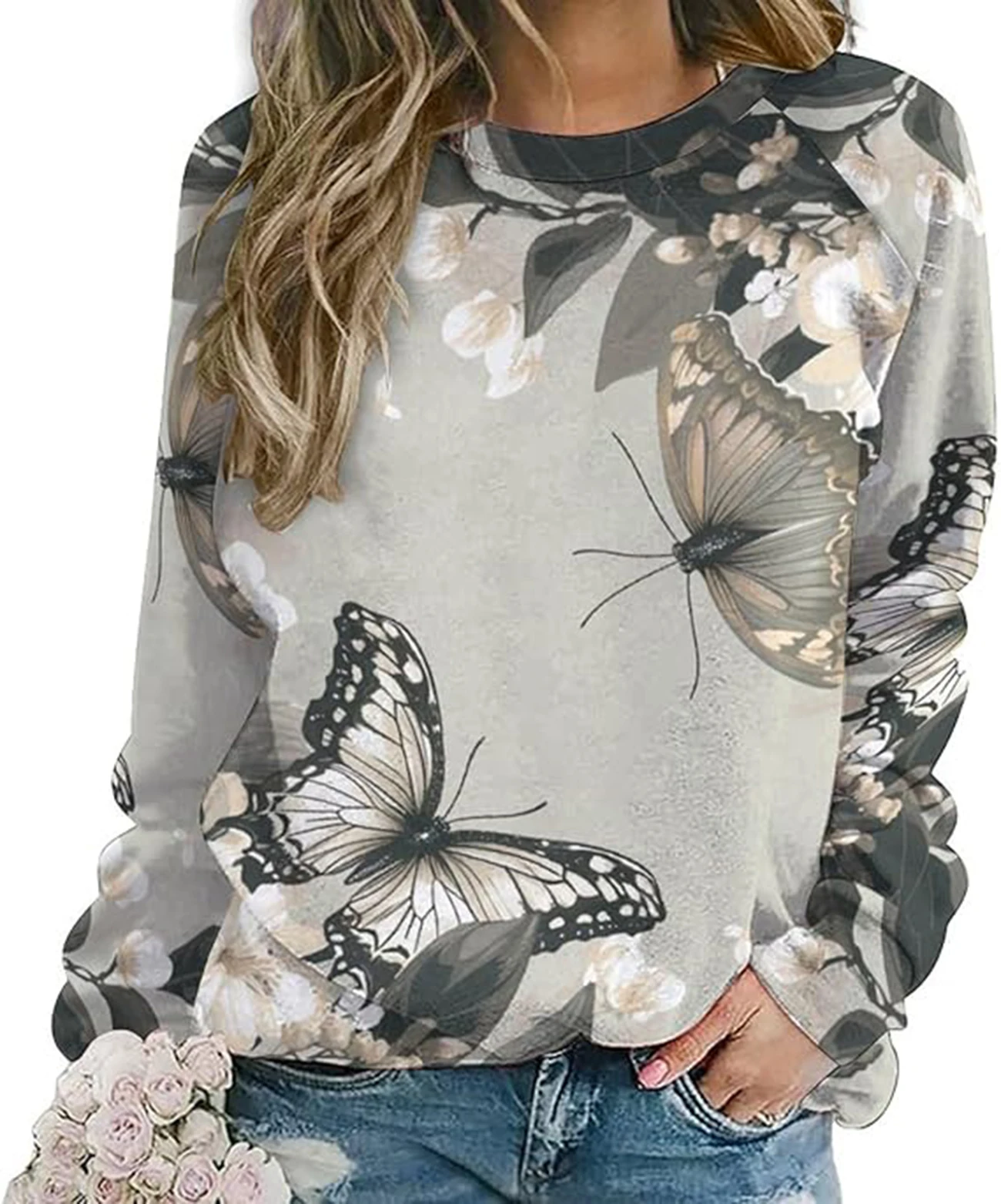 الخريف المرأة الفراشة بلوزات أزياء الربيع عارضة Crewneck البلوز قمم بوهو الأزهار الجرافيك كم طويل بلايز