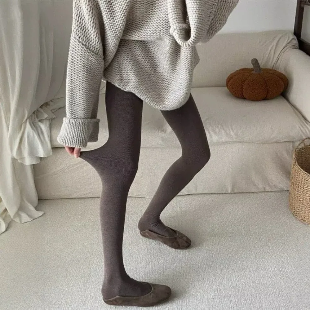 Japanese Tea Brown Tights for Women Fall High Waist Tummy Control Ribbed Legging  Stretchy Slimming Lazy Chic Pants for Girl