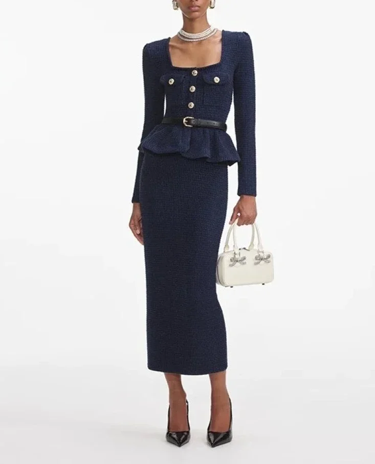 

Collar Midi Dress 2025 High Quality Black Long Sleeve Squared