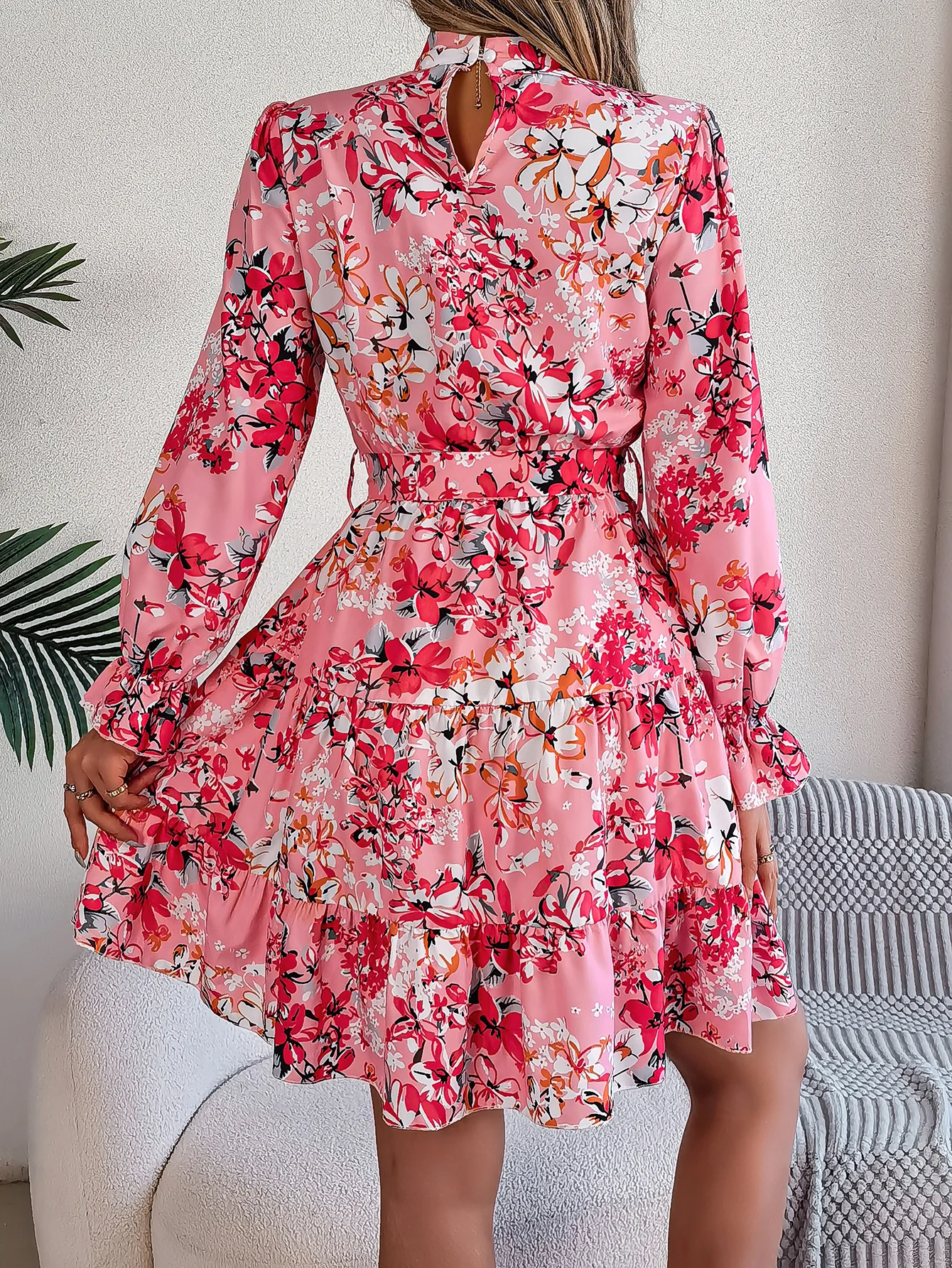 Elegant Mock Neck Belted Ruffle Hem Floral Print Dress For Spring & Fall, Women\'s Clothing