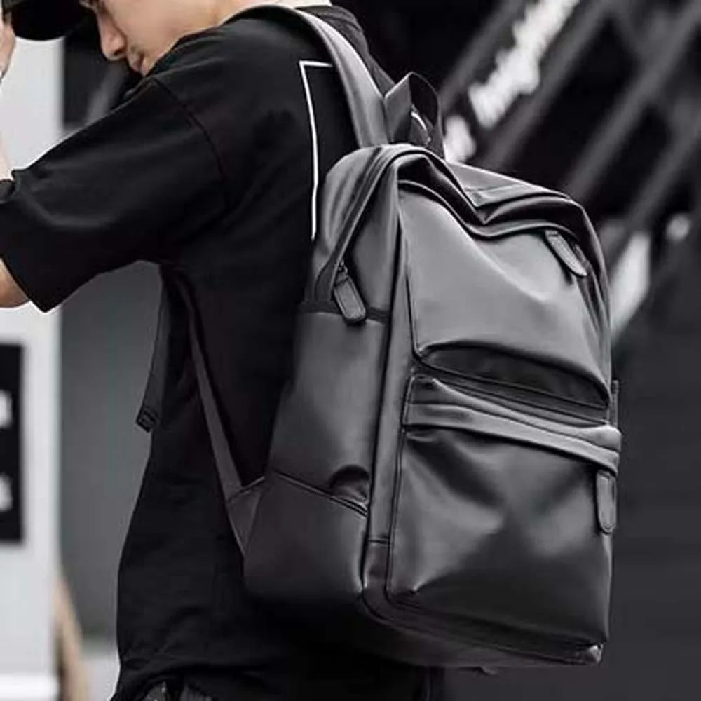 PVC Leather Backpack Men Padded Shoulder Strap Water Resistant Laptop School Bag Dual Side Slot Laptop Compartment