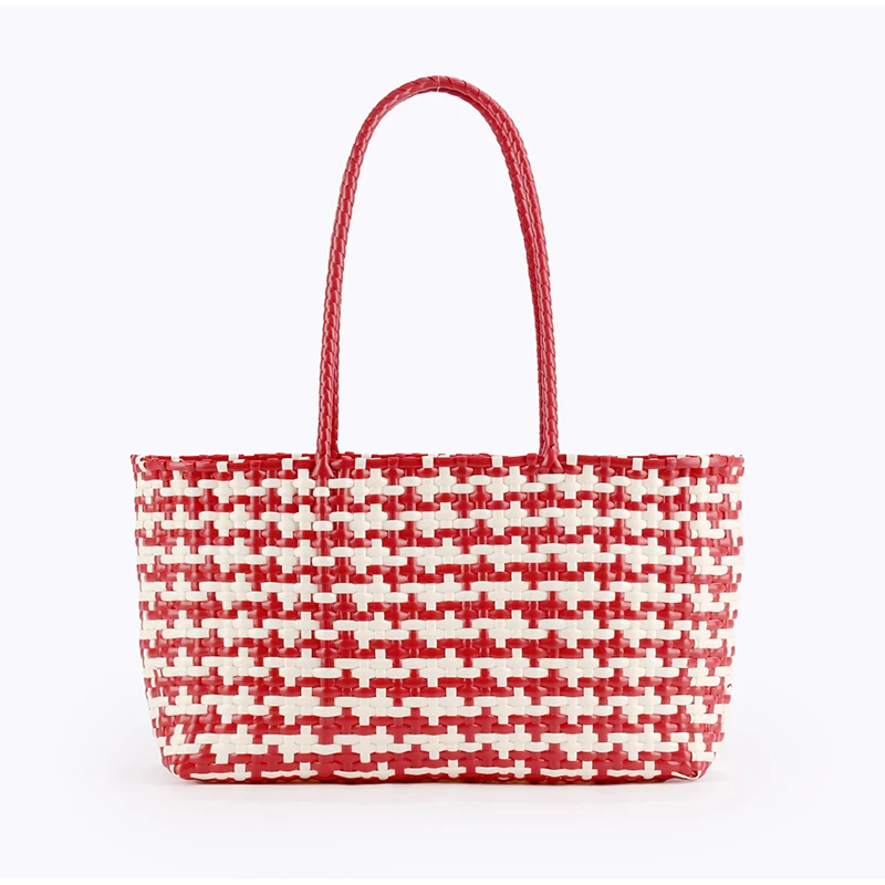 Gewebte Kunststoff-Gemüsekorb-Umhängetasche, vielseitige Damen-Handtasche im Lazy-Style, leichte Strand- und Einkaufstasche für den Urlaub – Detail 14