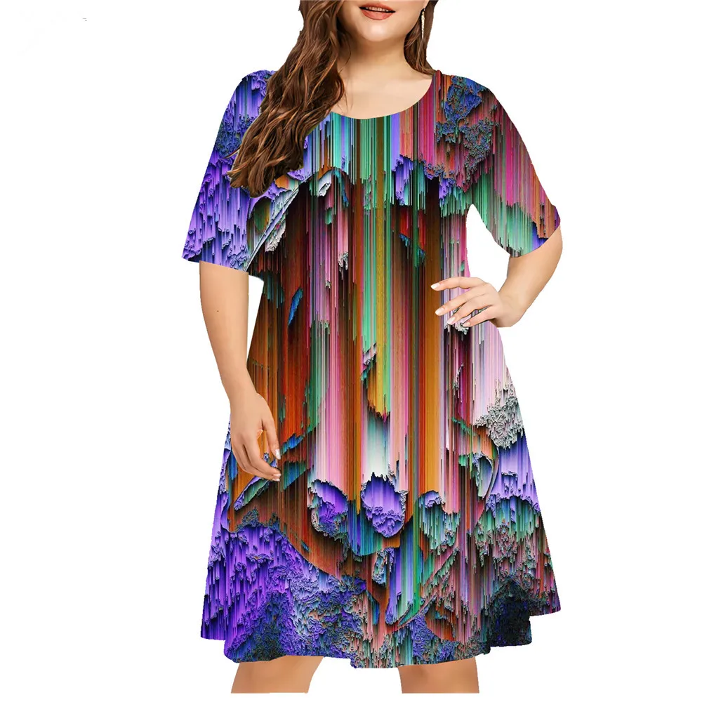 Abstrakcyjny Gradient Tie Dye Malowana Sukienka Damska Lato 2024 Retro 3D Print Luźna Sukienka Casualowa Moda Plus Size Odzież Damska 9XL