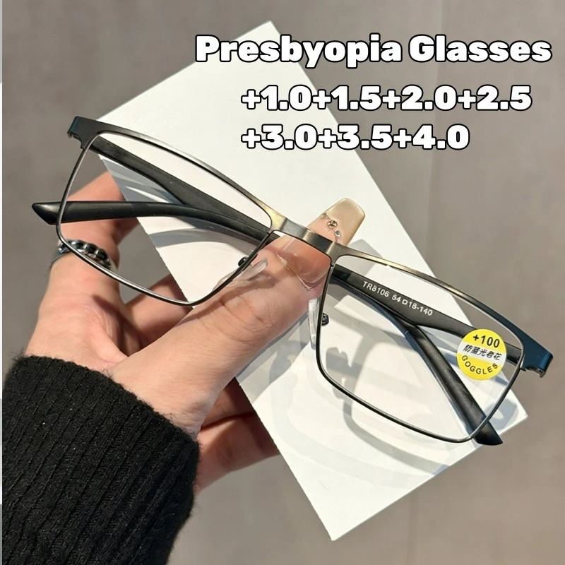 

Metal Square Frame Anti-Blue Light Presbyopia Glasses Business Style TR90 Material Spring-Fold Reading Glasses Diopter To +4.0