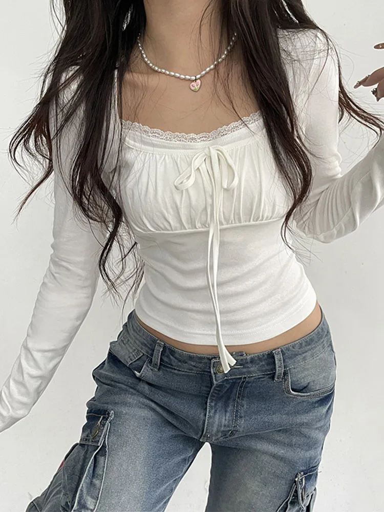 Bandage Folds Square Collar Crop Top Women Fairycore y2k White T Shirts Basic Knitted Elegant Tees Vintage 2000s Clothing