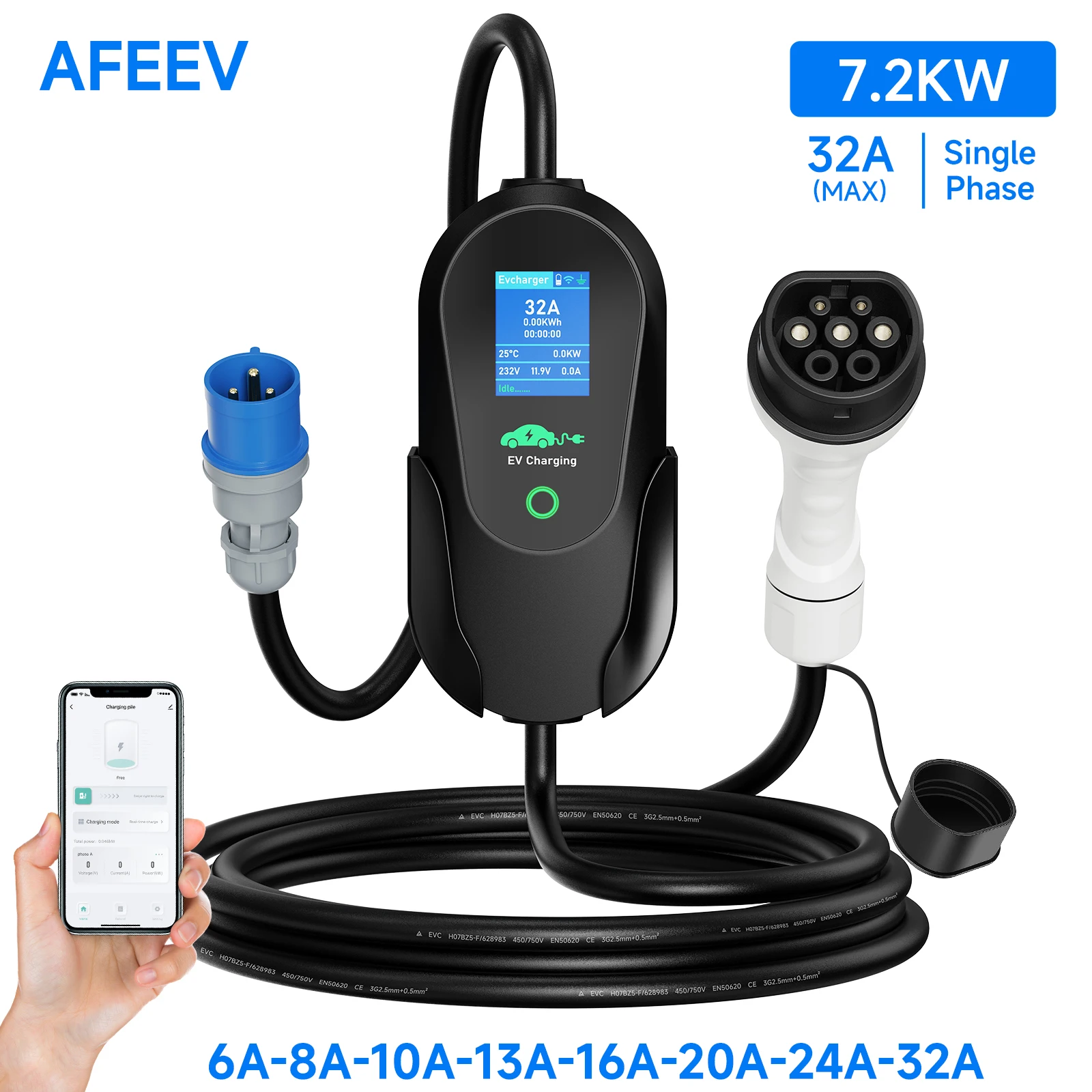 AFEEV EV Carregador Protable 7.2KW 32A 1 Fase Type2/Type1/GBT CEE Plug 7200W WIFI APP Controle EVSE Caixa de carregamento para veículo elétrico