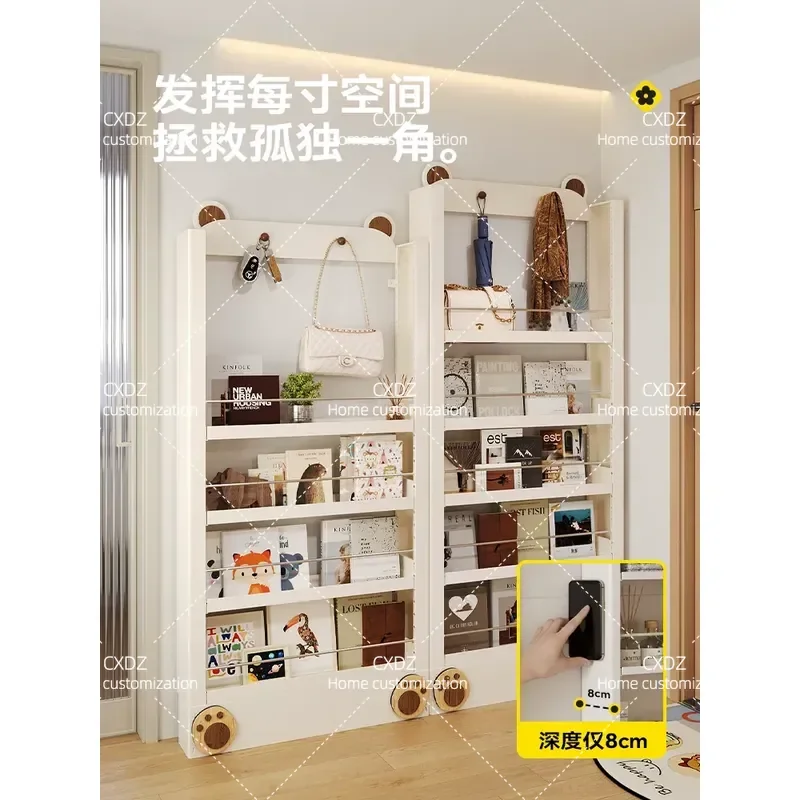 Ultra Thin Steel Door Rear Narrow Cabinet Shelf Wall Mounted Bookshelf Seam Storage Rack Picture Book Holder Space Saving