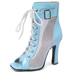 Sexy Ankle Boots For Women Summer Shoes Lace-up Mesh Black White Pink High Heels Jazz Dance Party Shoes Female Large Size 45 48