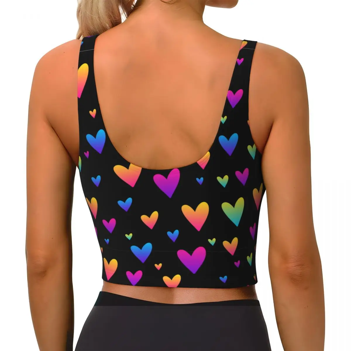 Rainbow Hearts Black Scoop Neck Sports Bras Removable Pads Yoga Outfit Crop Gym Top U Back Exercise Women Clothing