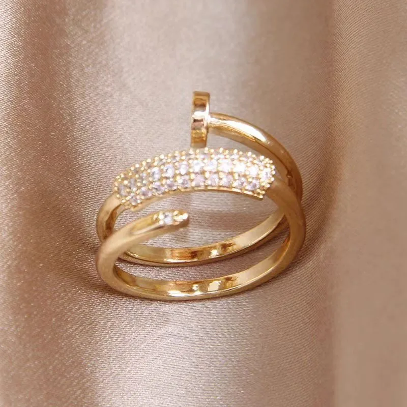 Micro inlaid zircon three circle nail opening ring, personalized light luxury ring for women, light luxury jewelry