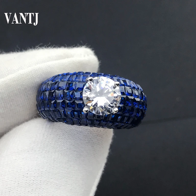 VANTJ Borderless Inlaid Sapphire Ring Sterling 925 Silver Created Spinel for Women Engagement Wedding Trendy Jewelry Gift