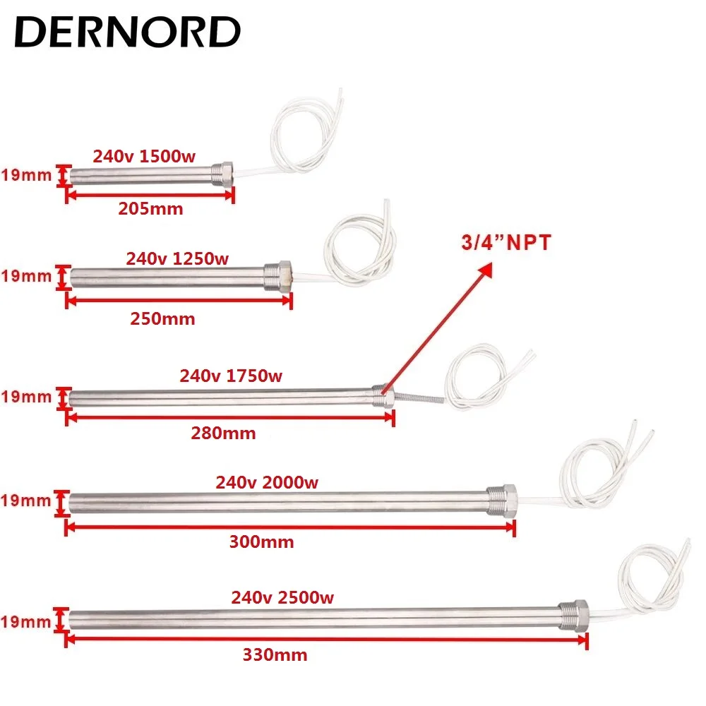 

ТЭН погружной цилиндрический DERNORD DN20, 3/4\" NPT, 240В, 1250Вт/1750Вт/2кВт/2.5кВт, нержавеющая сталь SUS304