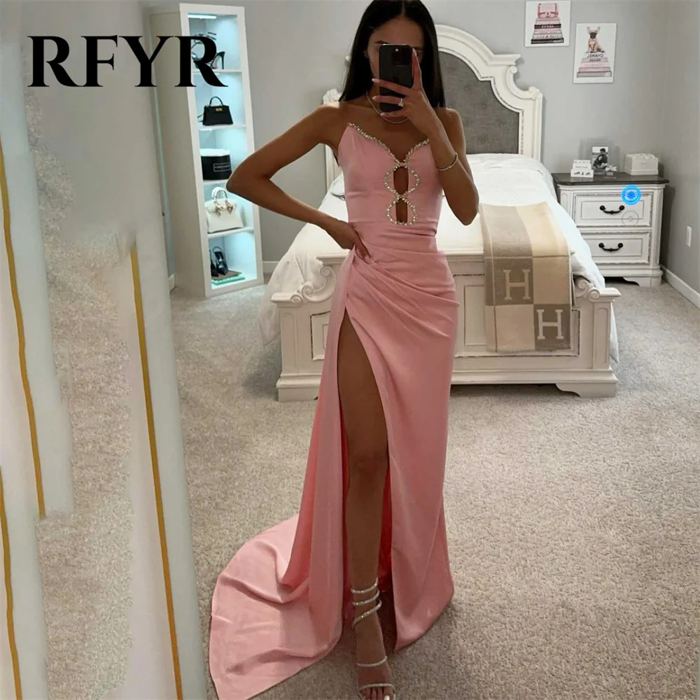 

RFYR Pink Mermaid Formal Dresses Stain Pleats Party Dress with SIde Slit V-Neck Sleeveless Special Occasion Dress robe soirée