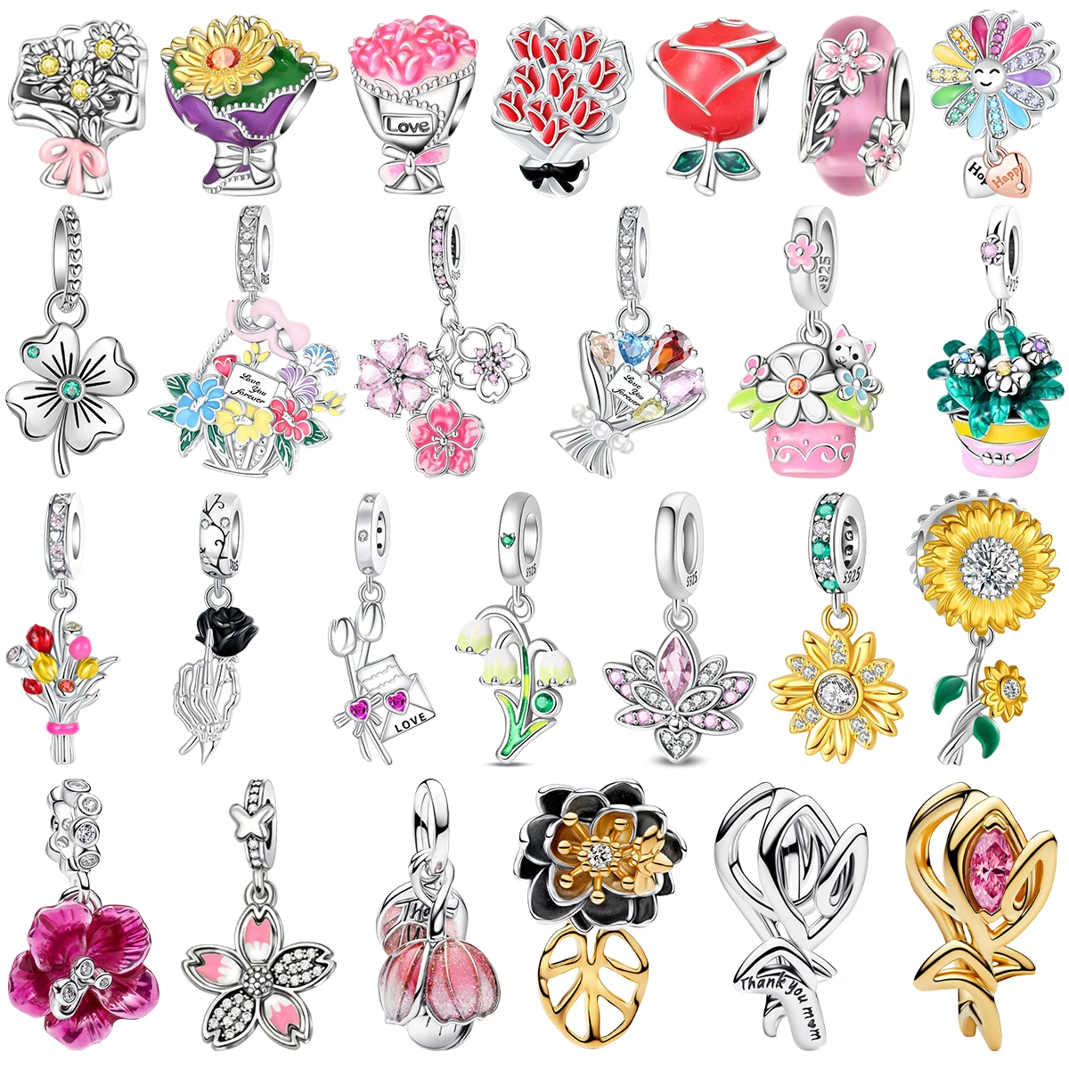 925 Sterling Silver Sunflower Rose Tulip Lily Clover Daisy Sakura Flower Bouquet Charms Beads Fit Bracelet DIY Fashion Jewelry