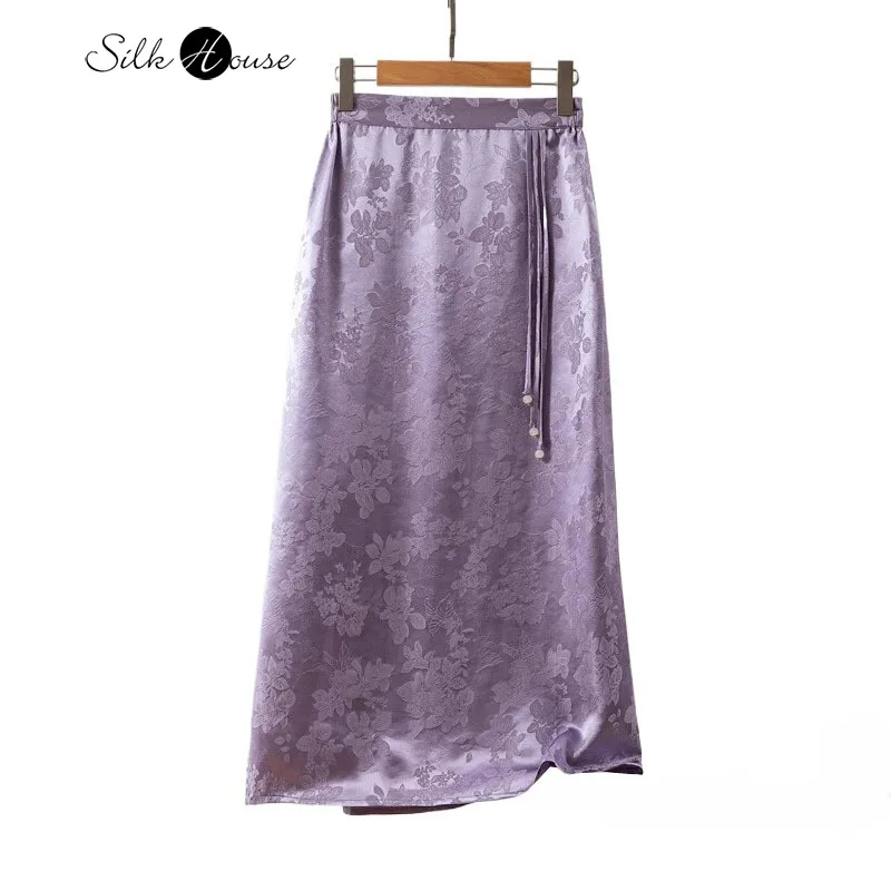 

Women's Spring/Summer New Small Heavy Weight 100%Natural Mulberry Silk Jacquard HuaLuo National Style Purple Straight Tube Skirt