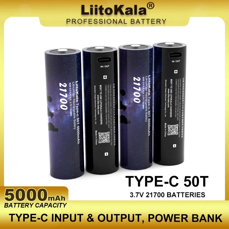 1-5PCS  Liitokala Type-C 50T 21700  100% Original Multi-function Lithium Battery 3.7V 5000mAh Type-C Input And Output 5V Output