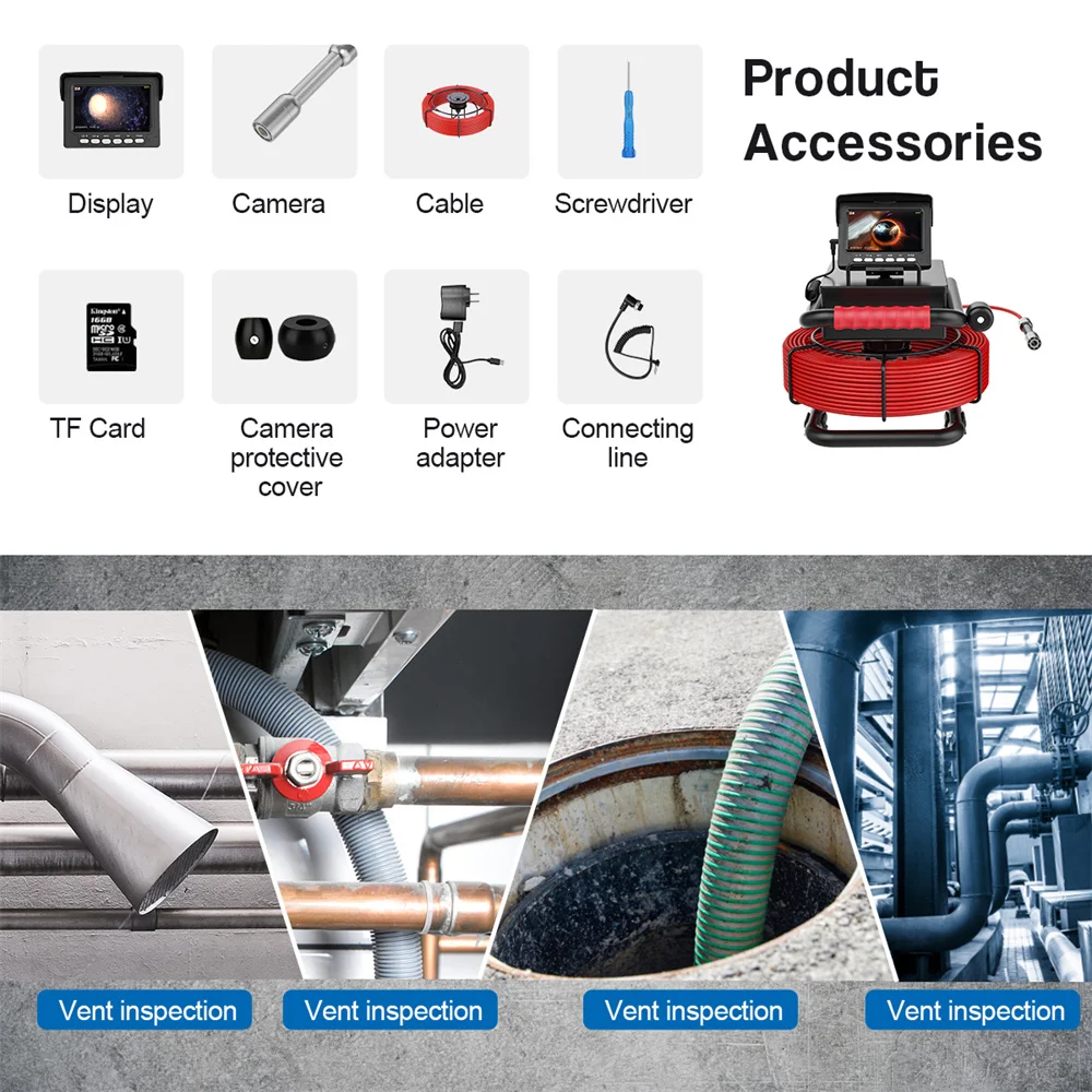 كاميرا فحص أنابيب الصرف الصحي ، المنظار الصناعي مع 4.3 مراقب ، بطاقة 16GB ، DVR ، IP68 ، استنزاف 17 مللي متر ، 22 مللي متر ، 1200TVL