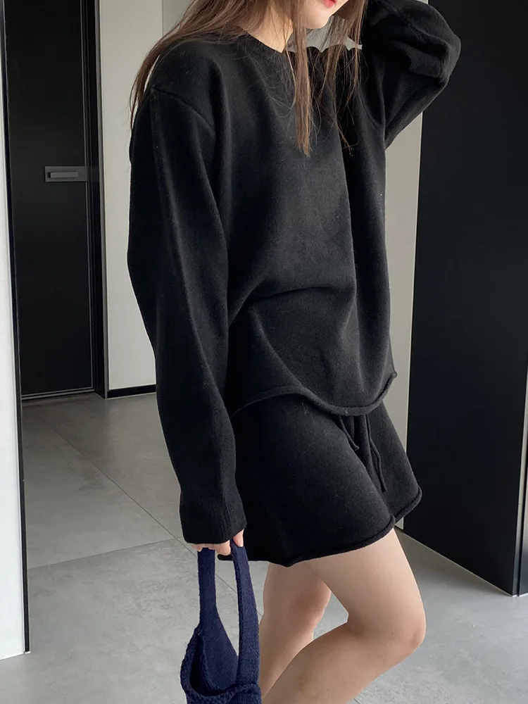 Women Casual Knitted Sweatshirt Hoodies Tops and Wide Leg Shorts Two Pieces Sets 2024 Autumn Korean Fashion Y2K Streetwear