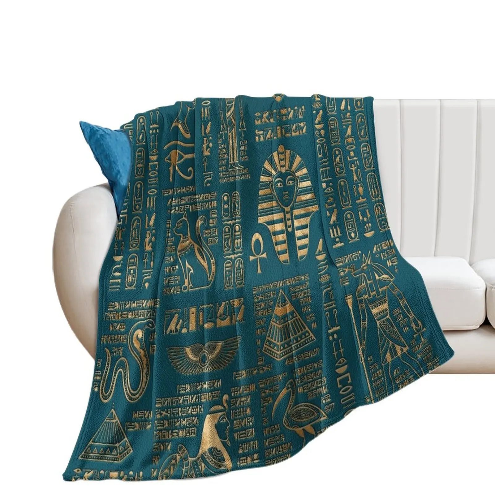 Egyptian hieroglyphs and deities - Gold on teal Throw Blanket Custom Luxury Designer Bed linens Blankets