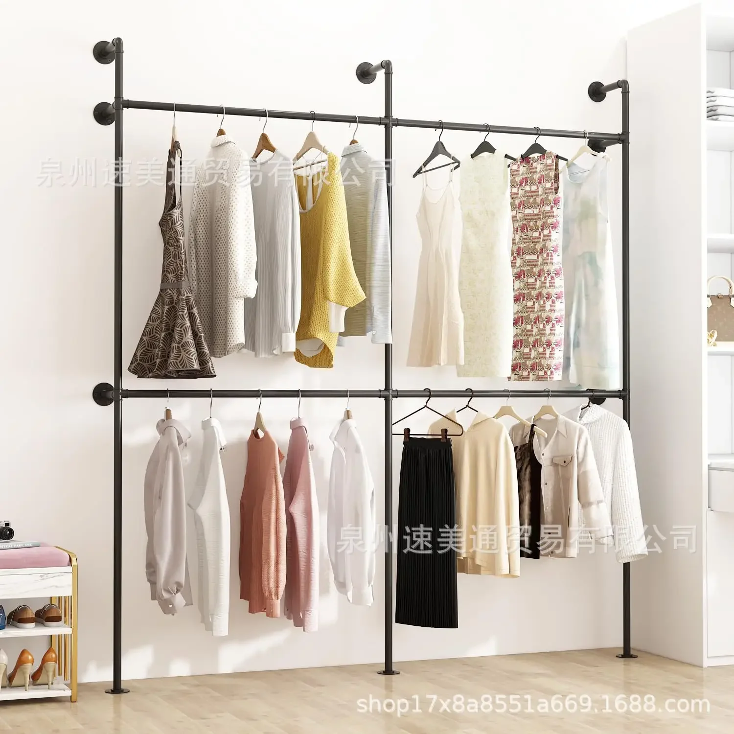 Industrial pipe garment rack golden wall hanging display rack subway art wall wedding dress display rack heavy duty hanger