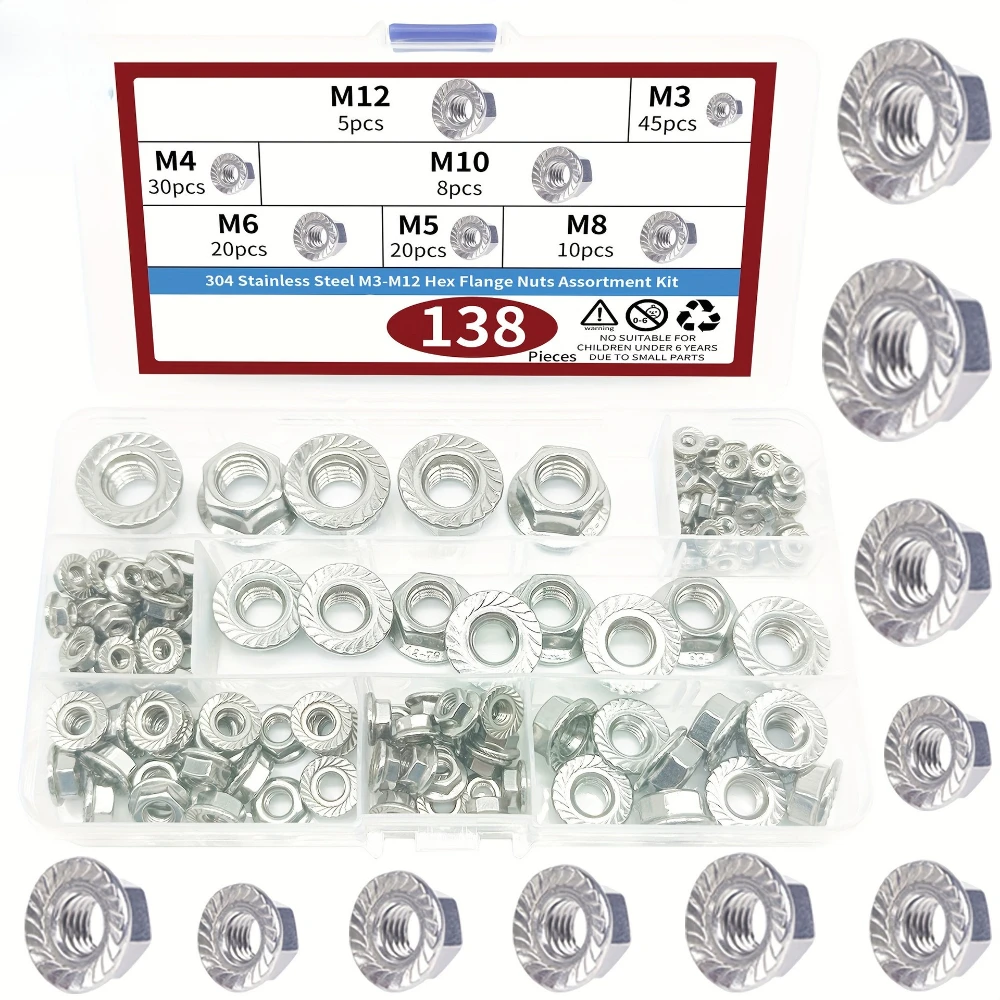 138pcs M3 M4 M5 M6 M8 M10 M12 304 Stainless Steel Flange Nuts Set 7 Size Toothed Hexagonal Flange Nut DIN6923 Anti-slip Nuts