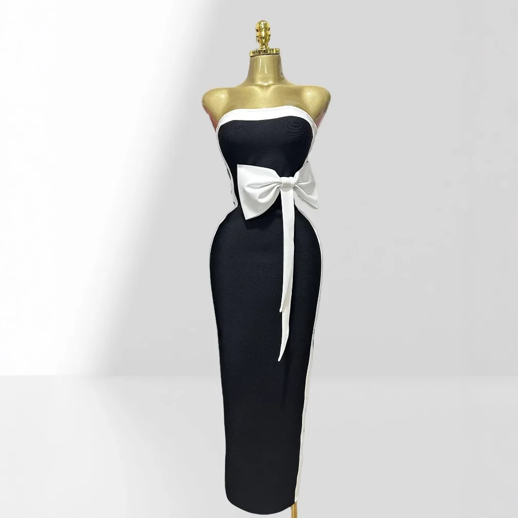Robe à bandes moulante sans bretelles, noir et blanc, taille haute, avec nœud, nouvelle collection été 2021, robes de soirée élégantes, mode célébrité, tenue de Club