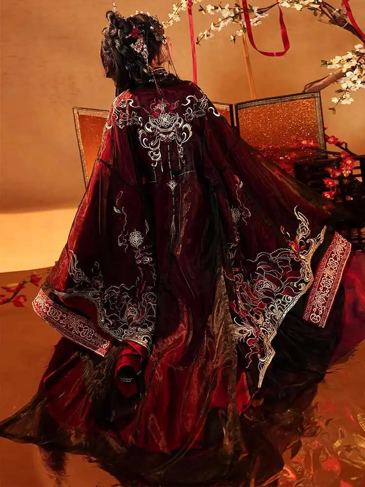 2025 Hanfu للرجال والنساء بنفس النمط [نار صناعة اللوتس الأحمر] استعادة رداء مستقيم من فترة الدول المتحاربة، ثقيل