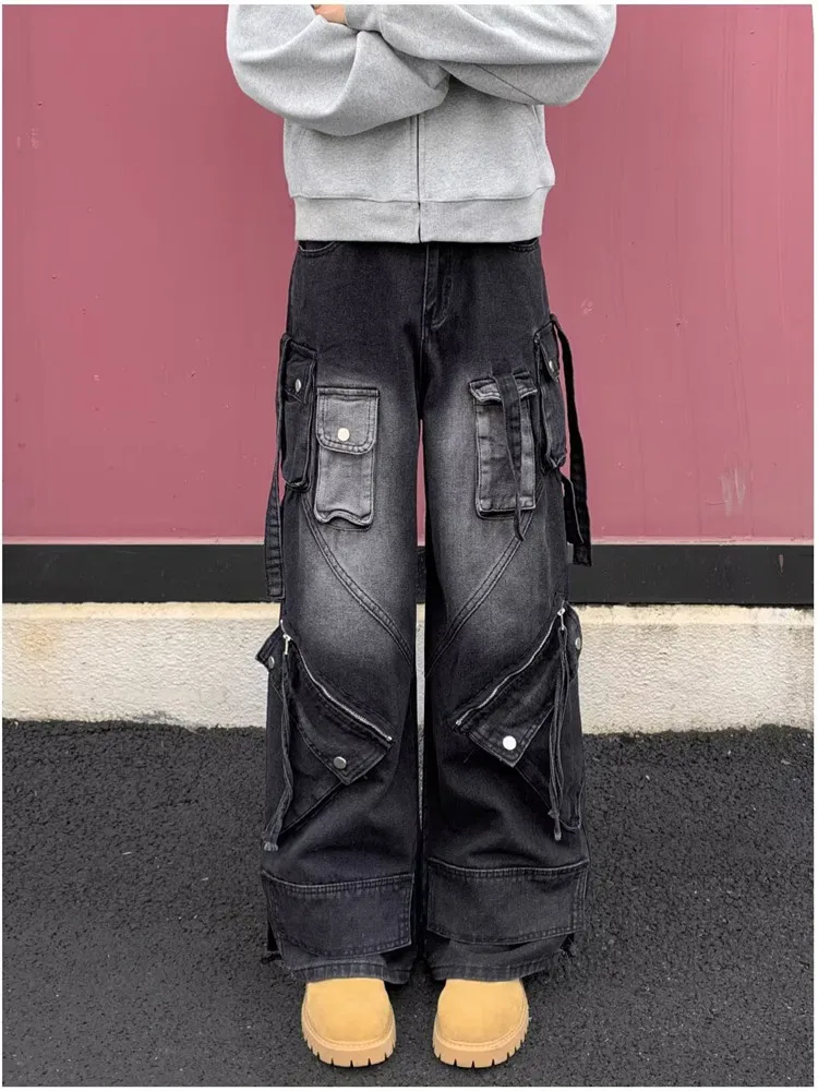 

2025 Cyber Y2K Streetwear Washed Black Baggy Cargo Jeans Pants For Men Clothing Wide Leg Straight Cotton Trousers Pantalon Homme