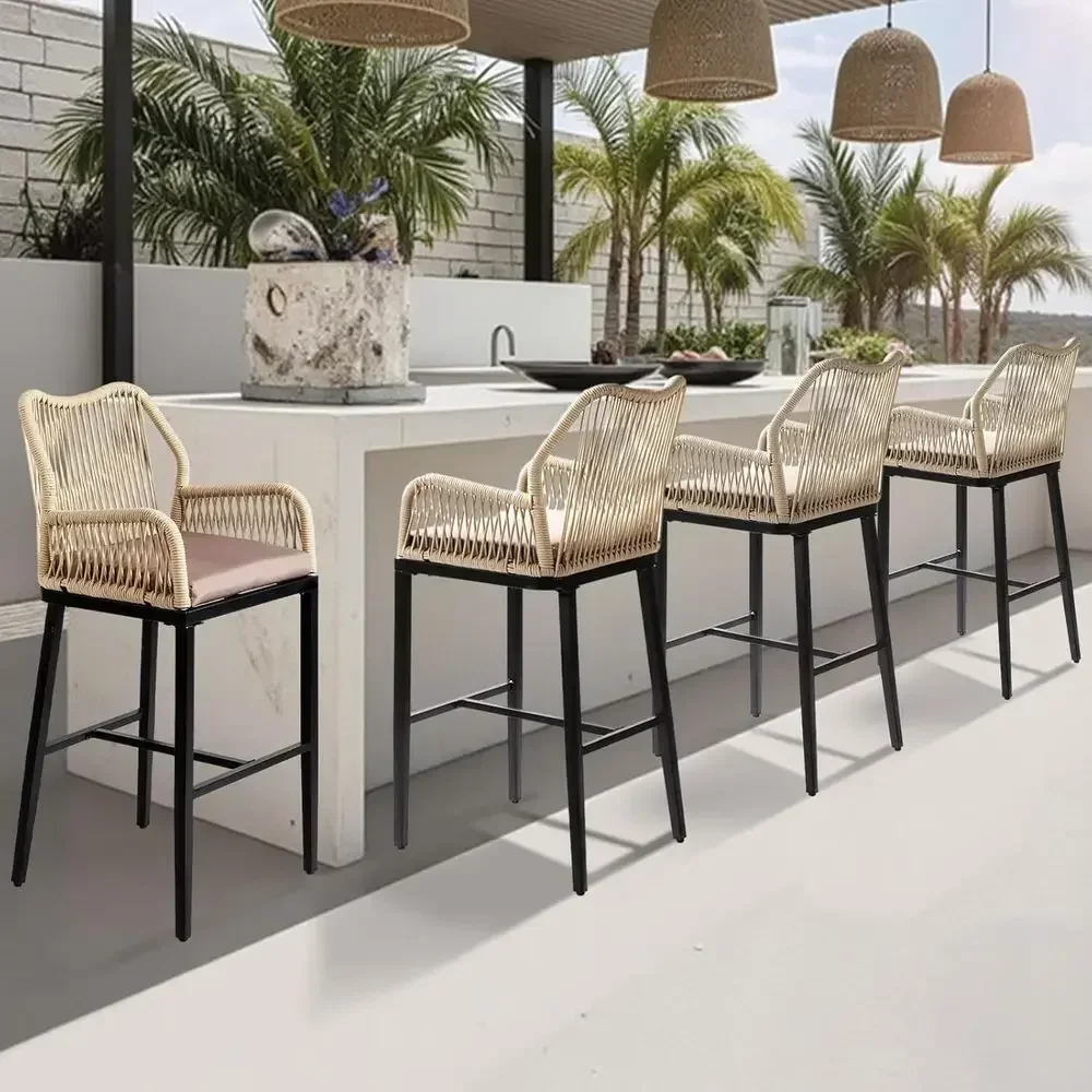 A three-quarter view of the SORA woven rope Japandi stool, highlighting the integrated armrest and black aluminum frame texture