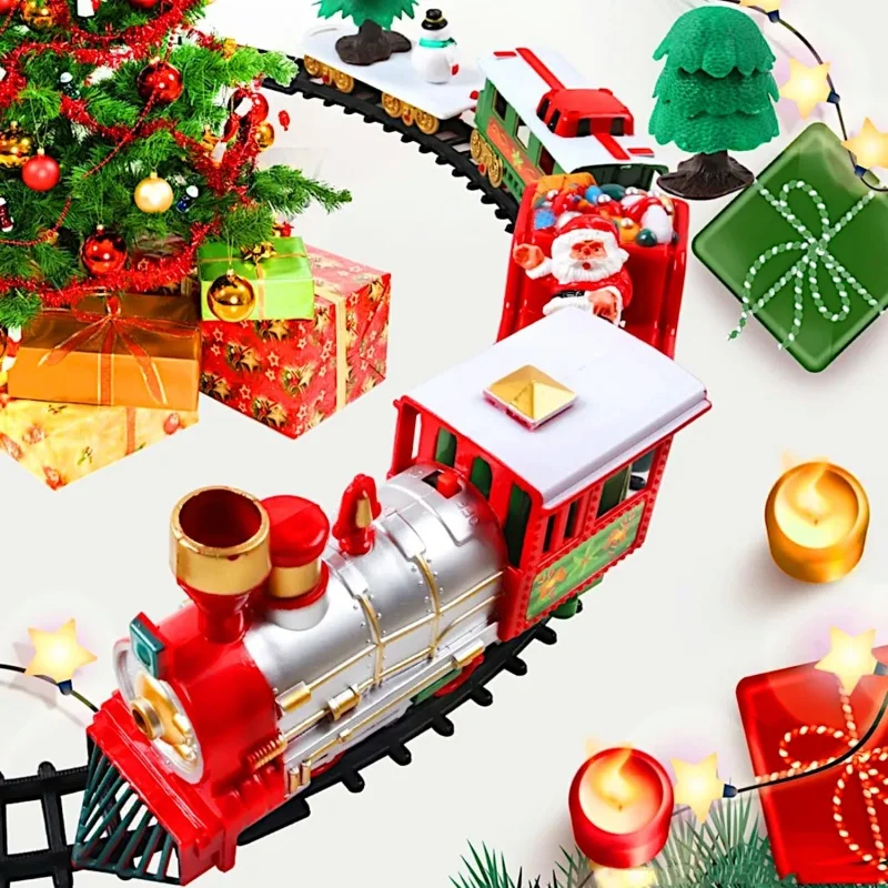 Juego de tren de Navidad eléctrico, juego de vía férrea con motor eléctrico con música, trineo de Papá Noel, muñeco de nieve, regalo de Navidad