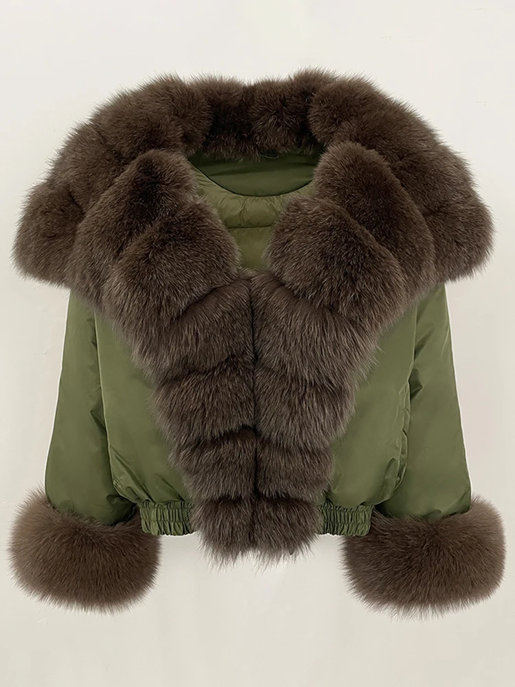 New Parker Coat Winter Clothes Women Big Natural Fox Fur Down Coat Fashion Warm Short Real Fur Cuffs Puffer Jacket Female