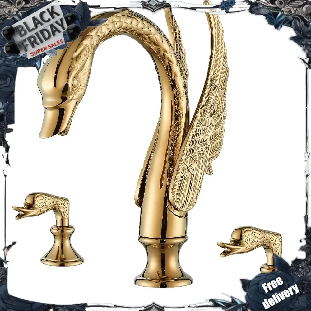 

Gold Swan Bathroom Sink Faucet 3 Holes Widepspread Bathroom Faucet Double Swan Handles Basin Faucet Sink Mixer Tap Bathroom Vani