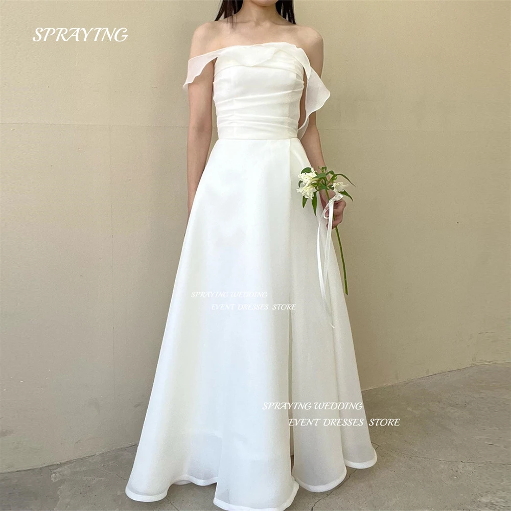 

SPRAYING Simple Off Shoulder Wedding Dress Korea Photoshoot Sleeveless A Line Satin Bridal Gown Floor Length Custom Made