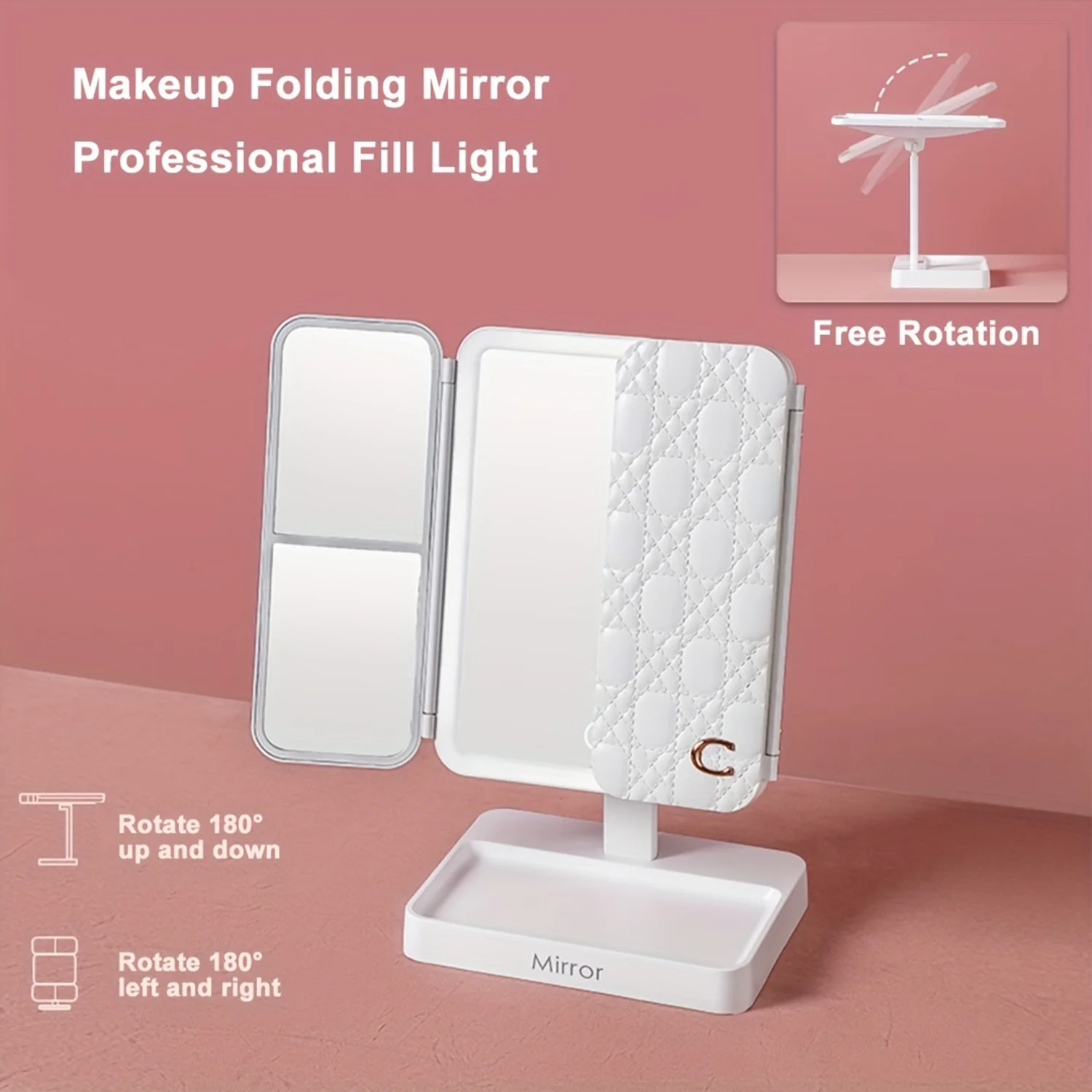 Foldable Lighted Makeup Mirror, USB Rechargeable Mirror, 3 Colors Light, Dimming, Vanity Mirror for Makeup