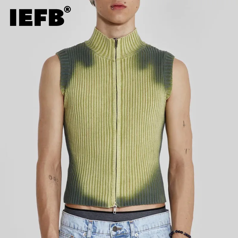 IEFB Streetwear Men Knitted Vest Pullovers New Men\'s Turtleneck Sleeveless Top Sweater Zipper Tie-dye Clothing 2023 Autumn C3482