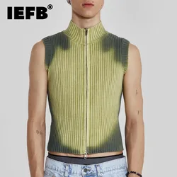 IEFB Streetwear Men Knitted Vest Pullovers New Men's Turtleneck Sleeveless Top Sweater Zipper Tie-dye Clothing 2023 Autumn C3482