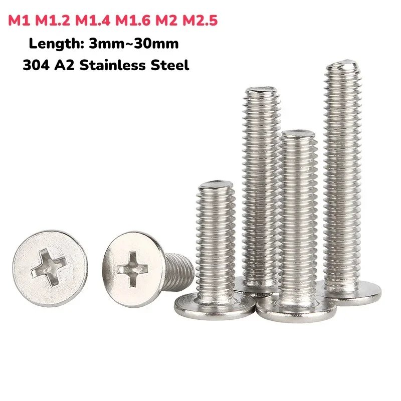 100~500pcs M1 M1.2 M1.4 M1.6 M2 M2.5 CM Mini Cross Phillips Ultra Thin Super Low Flat Head Screw Bolt 304 A2 Stainless Steel