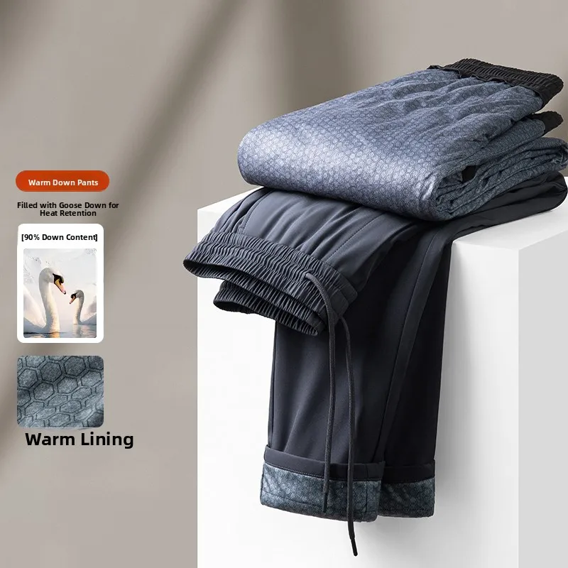 Fashionable Goose down Straight Leg Pants Men's Warm Elastic Waist Casual Trousers Stylish Autumn Winter Youth Polyester Fiber