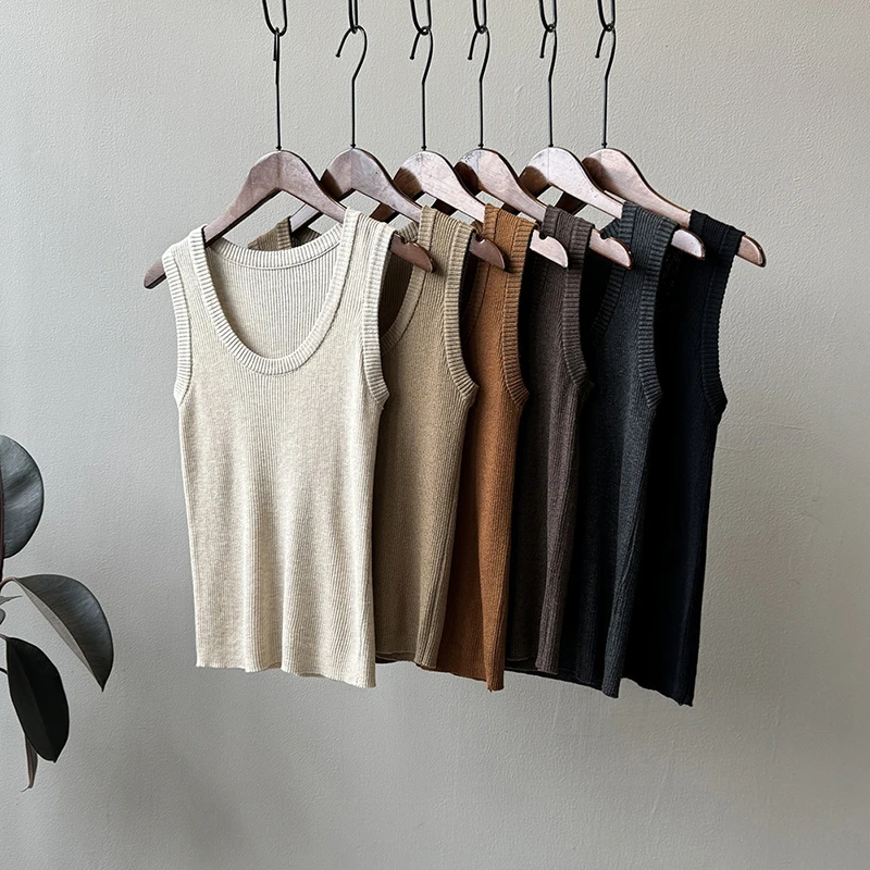 

Knitted Ribbed Camisole for Women Korea Stylish 2024 Spring/Summer New Round Neck Sleeveless Tops Basic Tees