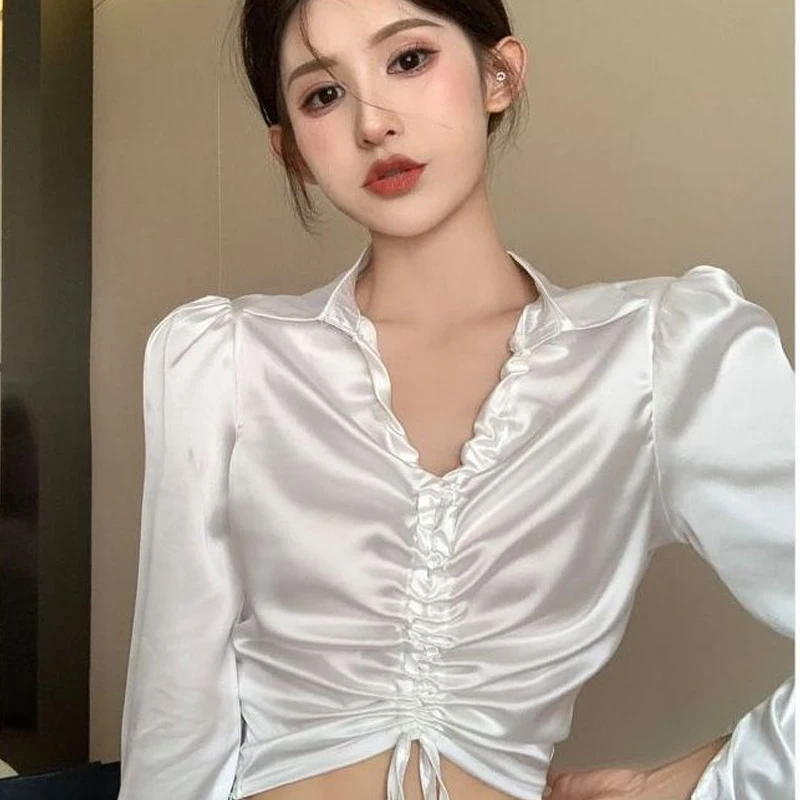 White V-neck Long Sleeve Shirt for Women\'s Spring Autumn New Pleated Drawstring Fashion Short Blouse Temperament Y2K Clothing