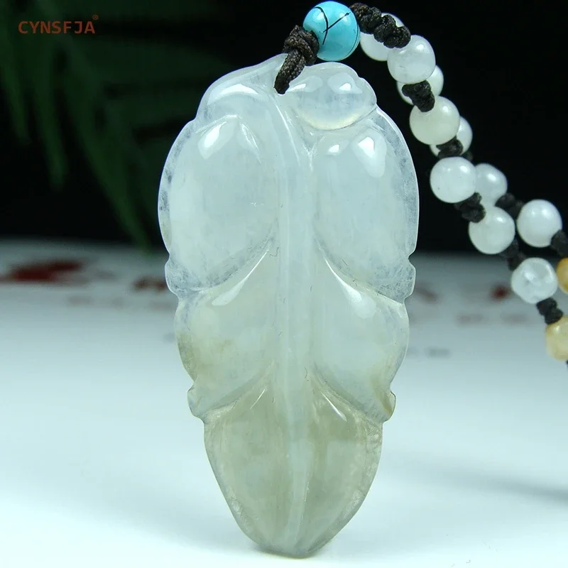 

CYNSFJA Real Certified Natural A Grade Burmese Jadeite Amulet Leaf Jade Pendant High Quality Ice Green Hand Carved Best Gifts