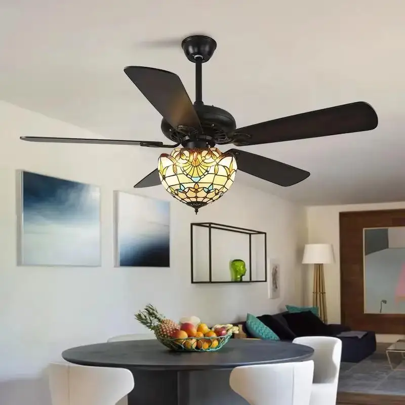 42 52 Inches Tiffany Style Ceiling Fan With Light Wood Blades Remote Control Led 3 Color 24W Industrial Fans Lamp With Lights