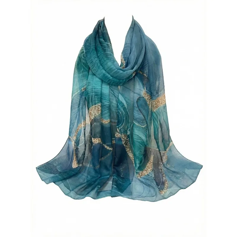 

Lightweight 100% Mulberry Silk Chiffon Scarf for Women Oblong Shawl Neck Scarf Beach Wrap Headscarf Gift Pack Lake Blue Pattern