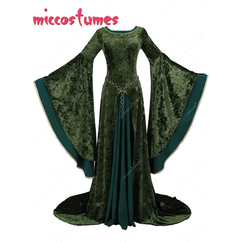 CyMICCOSTUMES عصر النهضة القرون الوسطى نمط Elinor مشتق طويل الأكمام واسعة فستان أخضر مخملي وسلسلة الخصر تأثيري حلي