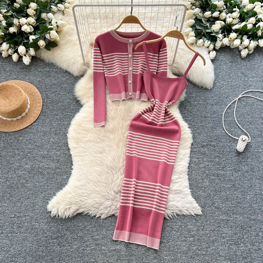 

Women Two Piece Sets Dress Set Sleeveless Knitted Long Sling Dresses Full Sleeve Round Neck Coats Y2k Streetwear Elegant Splice