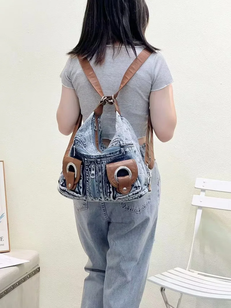 Vintage New Y2K Large Capacity Handbag Washed Denim Bags For Women Shoulder Bag Jeans Backpacks Pockets Hobos Bag