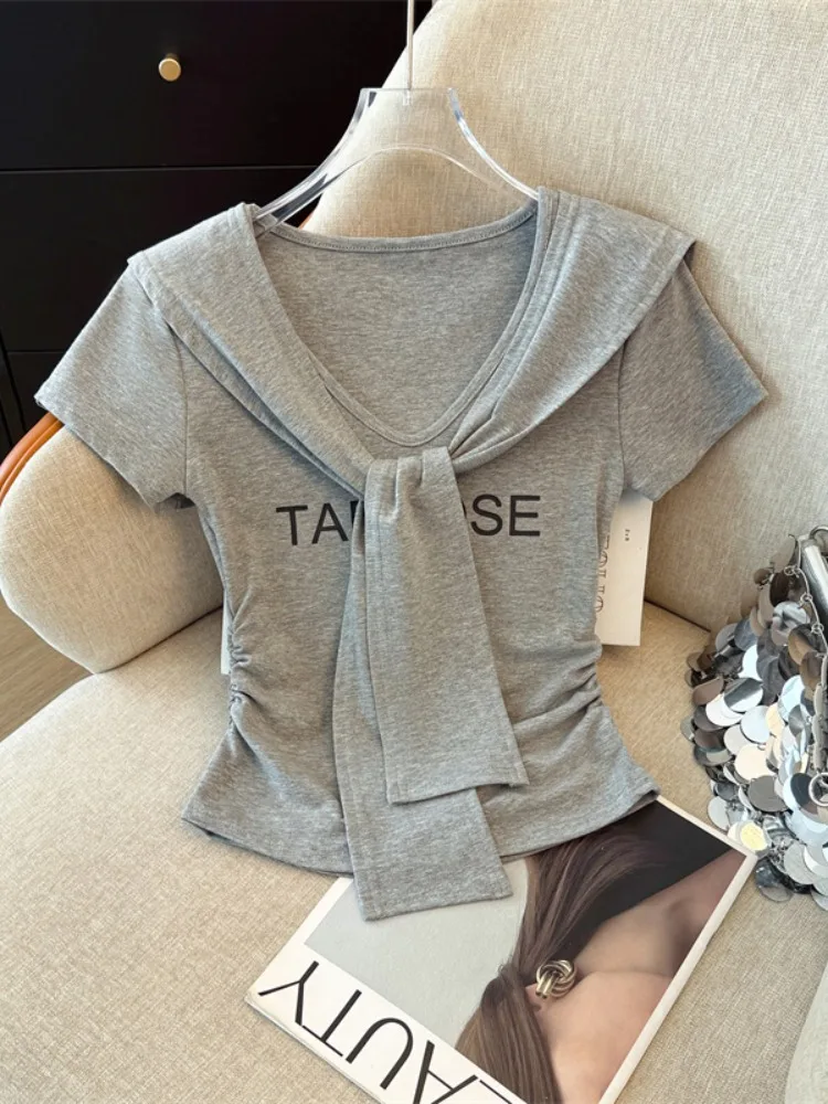 

American Style Hot Girl Letter Print V-Neck Short Sleeve T-Shirt Women's Slim Fit Summer Versatile Top with Shoulder Shawl Tw...
